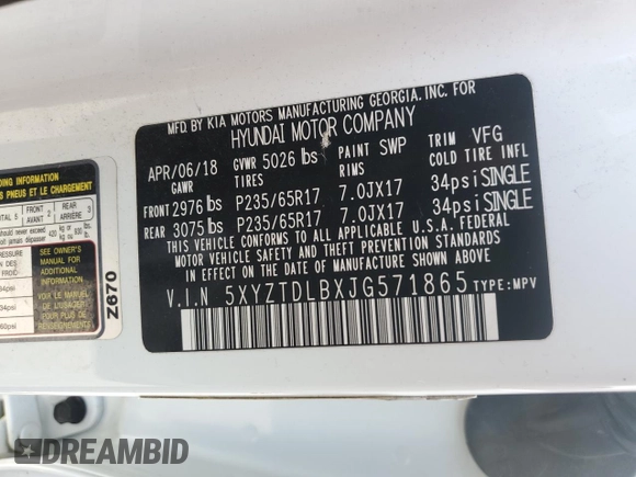 2018 Hyundai Santa Fe 2.4L with VIN 5XYZTDLBXJG571865, listed as a Copart auction lot 62103705 with 190,269 mi miles and Clean title. Bid and sale history available at DreamBid. Image 13.