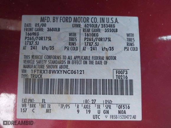 2000 Ford F-150 XL with VIN 1FTRX18WXYNC06121, listed as a IAAI auction lot 41340585 with 74,957 mi miles. Bid and sale history available at carsss.com. Image 9.