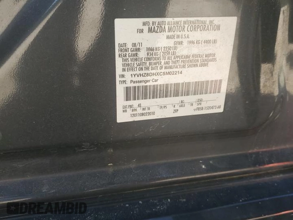 2012 Mazda 6 i Touring with VIN 1YVHZ8DHXC5M02214, listed as a Copart auction lot 57965025 with 221,676 mi miles and Salvage title. Bid and sale history available at DreamBid. Image 12.
