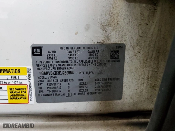 2014 Buick Enclave Leather with VIN 5GAKVBKD3EJ280554, listed as a Copart auction lot 87820925 with 190,965 mi miles and Salvage Title. Bid and sale history available at carsss.com. Image 13.