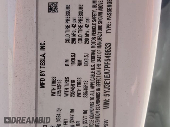 2023 Tesla Model 3 z VIN 5YJ3E1EA7PF549633, wystawiony jako Copart lot #57131325 z przebiegiem 78 113 mil mil oraz Szkoda całkowita • Salvage title. Historia ofert i sprzedaży dostępna na DreamBid. Obrazek 12.