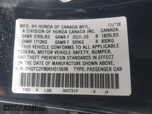 2019 Honda Civic Sport with VIN 2HGFC2F86KH515658, listed as a IAAI auction lot 41632690 with 109,866 mi miles and . Bid and sale history available at DreamBid. Image 9.