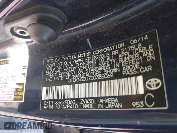 2014 Toyota Prius Four with VIN JTDKN3DU7E0385069, listed as a IAAI auction lot 41736927 with 211,539 mi miles. Bid and sale history available at carsss.com. Image 9.