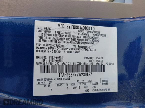 2009 Ford Focus SE with VIN 1FAHP35N79W230137, listed as a IAAI auction lot 41904520 with 171,151 mi miles and . Bid and sale history available at carsss.com. Image 9.