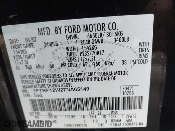 2007 Ford F-150 XL with VIN 1FTRF12W27NA65149, listed as a IAAI auction lot 41102740 with 230,647 mi miles. Bid and sale history available at carsss.com. Image 9.