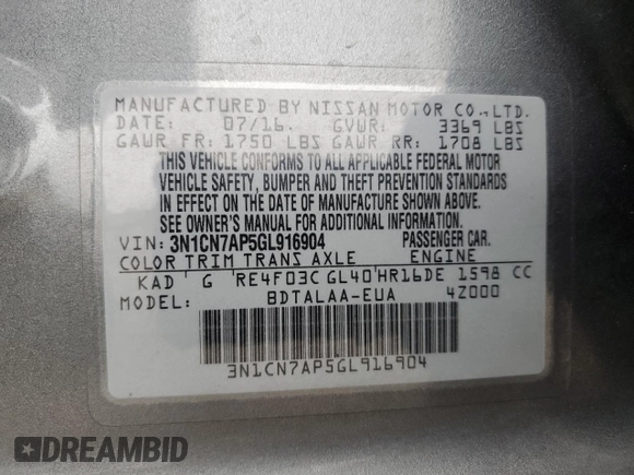 2016 Nissan Versa S with VIN 3N1CN7AP5GL916904, listed as a Copart auction lot 52231235 with 320,229 mi miles and Salvage title. Bid and sale history available at DreamBid. Image 14.
