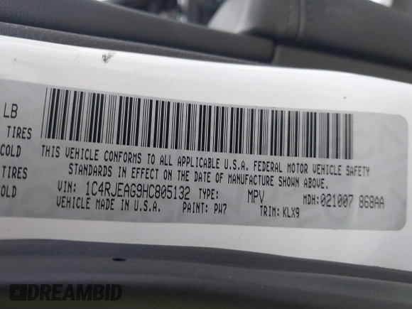 2017 Jeep Grand Cherokee Laredo with VIN 1C4RJEAG9HC805132, listed as a IAAI auction lot 42034175 with 120,949 mi miles and . Bid and sale history available at DreamBid. Image 9.