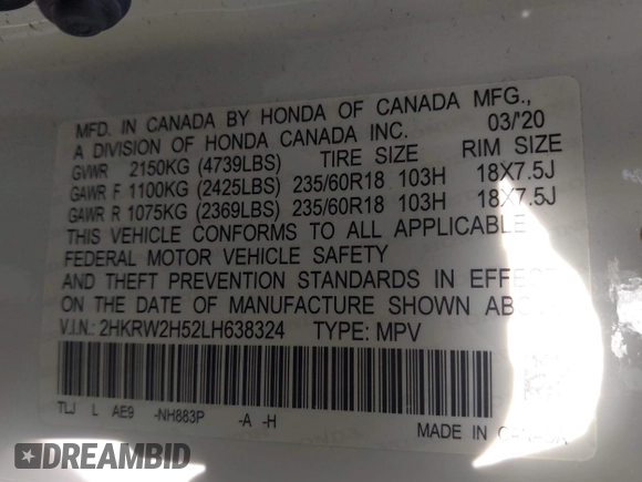 2020 Honda CR-V EX with VIN 2HKRW2H52LH638324, listed as a IAAI auction lot 41944104 with 31,852 mi miles and . Bid and sale history available at DreamBid. Image 9.