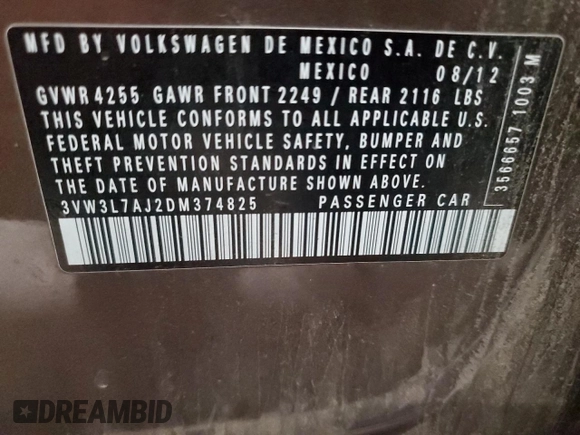 2013 Volkswagen Jetta TDI w/Premium with VIN 3VW3L7AJ2DM374825, listed as a Copart auction lot 62754875 with 152,278 mi miles and Salvage title. Bid and sale history available at DreamBid. Image 12.
