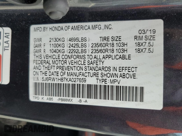 2019 Honda CR-V EX-L with VIN 5J6RW1H87KA027659, listed as a Copart auction lot 49688605 with 38,450 mi miles and Salvage Title. Bid and sale history available at carsss.com. Image 14.