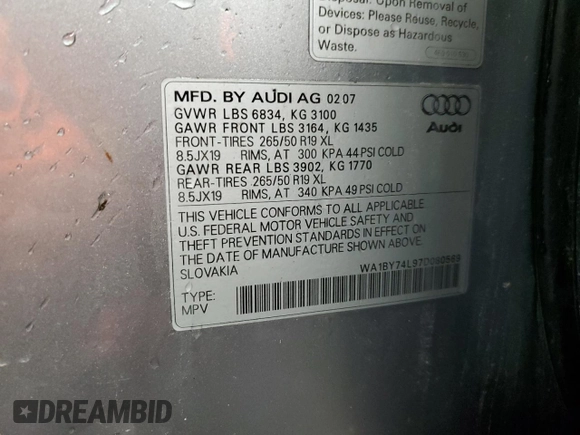 2007 Audi Q7 Premium with VIN WA1BY74L97D080569, listed as a Copart auction lot 50968875 with 214,304 mi miles and Salvage Title. Bid and sale history available at carsss.com. Image 12.