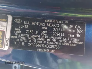 2019 Kia Forte S with VIN 3KPF34AD1KE039765, listed as a IAAI auction lot 41710098 with 119,652 mi miles. Bid and sale history available at carsss.com. Image 9.