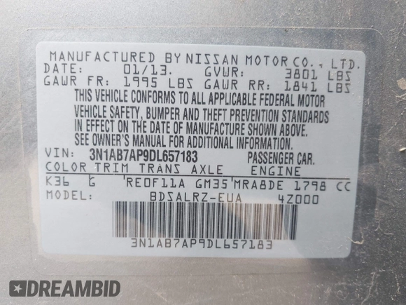 2013 Nissan Sentra SR z VIN 3N1AB7AP9DL657183, wystawiony jako IAAI lot #42283357 z przebiegiem 109 077 mil mil oraz . Historia ofert i sprzedaży dostępna na DreamBid. Obrazek 9.