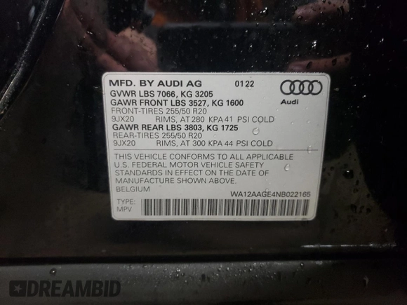 2022 Audi e-tron Sportback S line Premium Plus z VIN WA12AAGE4NB022165, wystawiony jako Copart lot #43021435 z przebiegiem 28 760 mil mil oraz Szkoda całkowita • Salvage title. Historia ofert i sprzedaży dostępna na DreamBid. Obrazek 12.