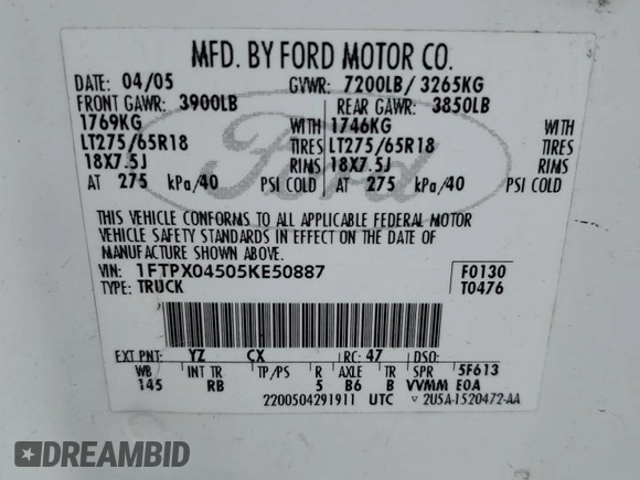 2005 Ford F-150 XLT z VIN 1FTPX04505KE50887, wystawiony jako Copart lot #53203395 z przebiegiem 164 936 mil mil oraz Czysty tytuł • Clean title. Historia ofert i sprzedaży dostępna na DreamBid. Obrazek 12.