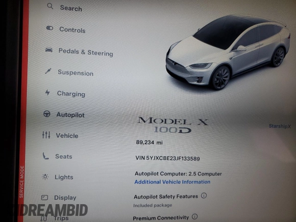 2018 Tesla Model X 75D with VIN 5YJXCBE23JF133589, listed as a Copart auction lot 55573715 with 89,234 mi miles and Salvage Title. Bid and sale history available at DreamBid. Image 9.