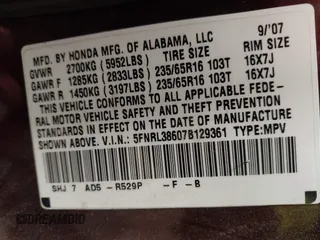 2007 Honda Odyssey EX-L with VIN 5FNRL38607B129361, listed as a IAAI auction lot 41778611 with Not Provided miles and . Bid and sale history available at carsss.com. Image 9.
