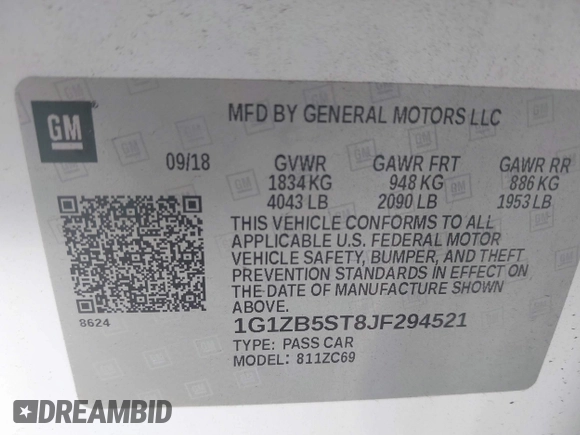 2018 Chevrolet Malibu LS with VIN 1G1ZB5ST8JF294521, listed as a IAAI auction lot 41758260 with 78,304 mi miles and . Bid and sale history available at DreamBid. Image 9.