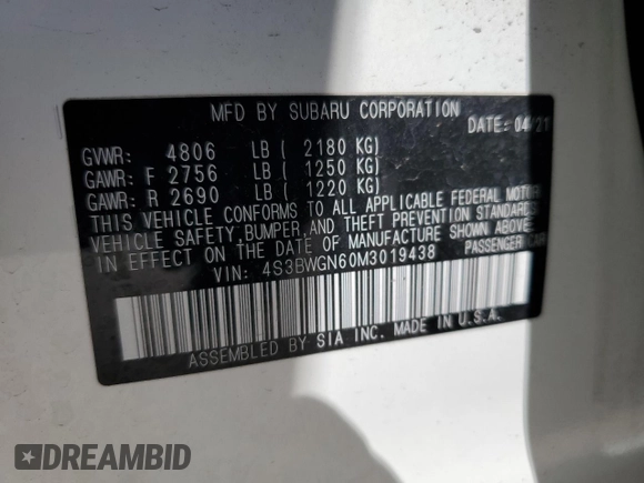 2021 Subaru Legacy Limited XT with VIN 4S3BWGN60M3019438, listed as a Copart auction lot 50533515 with 15,523 mi miles and Salvage Title. Bid and sale history available at DreamBid. Image 12.