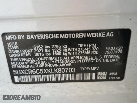 2019 BMW X5 xDrive40i with VIN 5UXCR6C5XKLK80703, listed as a Copart auction lot 63473495 with 57,260 mi miles and Salvage title. Bid and sale history available at DreamBid. Image 13.