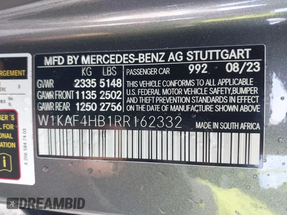2024 Mercedes-Benz C 300 with VIN W1KAF4HB1RR162332, listed as a IAAI auction lot 40528259 with 512 mi miles and . Bid and sale history available at DreamBid. Image 9.