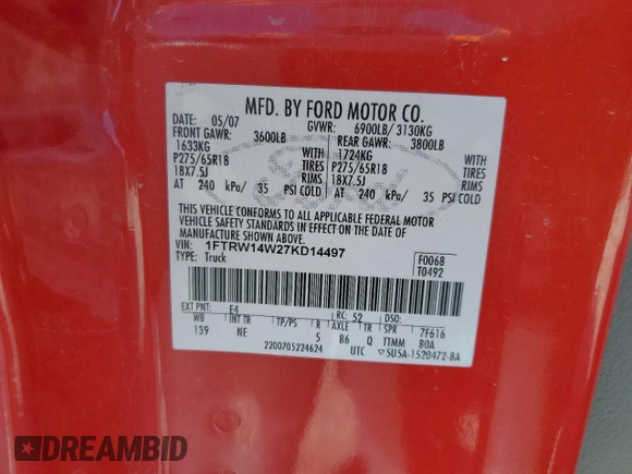 2007 Ford F-150 XLT z VIN 1FTRW14W27KD14497, wystawiony jako Copart lot #88952665 z przebiegiem 181 761 mil mil oraz Czysty tytuł • Clean title. Historia ofert i sprzedaży dostępna na DreamBid. Obrazek 14.
