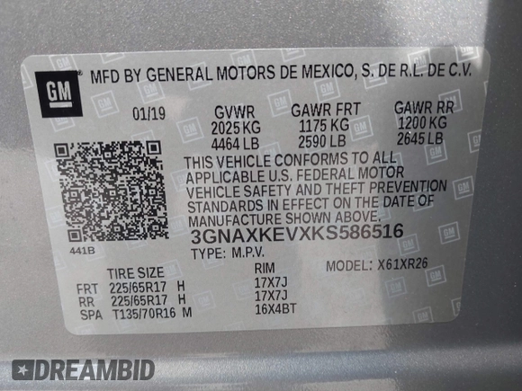 2019 Chevrolet Equinox LT z VIN 3GNAXKEVXKS586516, wystawiony jako IAAI lot #42323792 z przebiegiem 53 710 mil mil oraz . Historia ofert i sprzedaży dostępna na DreamBid. Obrazek 9.