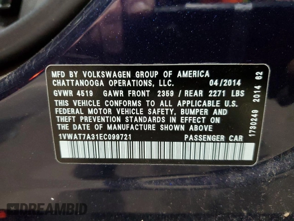2014 Volkswagen Passat Wolfsburg Edition z VIN 1VWAT7A31EC099721, wystawiony jako Copart lot #52241945 z przebiegiem 151 115 mil mil oraz Czysty tytuł • Clean title. Historia ofert i sprzedaży dostępna na DreamBid. Obrazek 12.