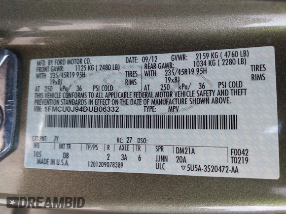 2013 Ford Escape Titanium with VIN 1FMCU0J94DUB06332, listed as a IAAI auction lot 41824742 with 92,633 mi miles. Bid and sale history available at carsss.com. Image 9.