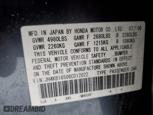 2006 Acura RL с VIN JH4KB16506C012022, выставлен на аукционе Copart как лот 44239785 с пробегом 183 825 миль миль и На запчасти • Non repairable. История ставок и продаж доступна на DreamBid. Изображение 12.