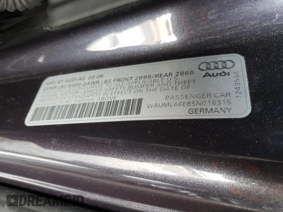 2005 Audi A8 L with VIN WAUML44E85N016315, listed as a Copart auction lot 46467405 with 224,069 mi miles and Salvage Title. Bid and sale history available at carsss.com. Image 14.