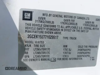 2007 Chevrolet Silverado 1500 1LT with VIN 2GCEK19J771629917, listed as a IAAI auction lot 41999052 with Not Provided miles and . Bid and sale history available at DreamBid. Image 9.