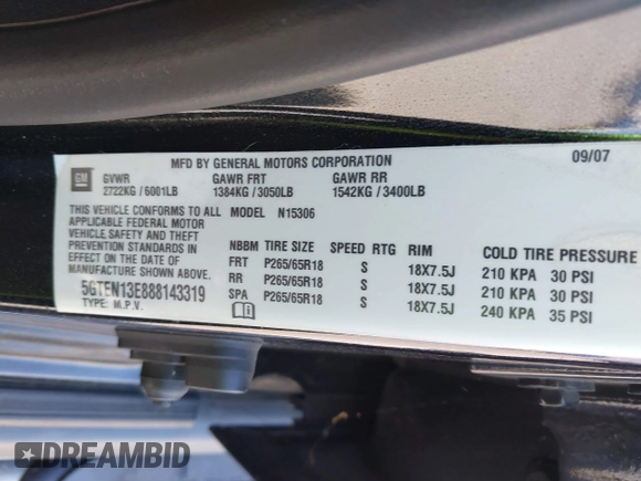 2008 Hummer H3 SUV with VIN 5GTEN13E888143319, listed as a IAAI auction lot 42180122 with 148,473 mi miles and . Bid and sale history available at DreamBid. Image 9.