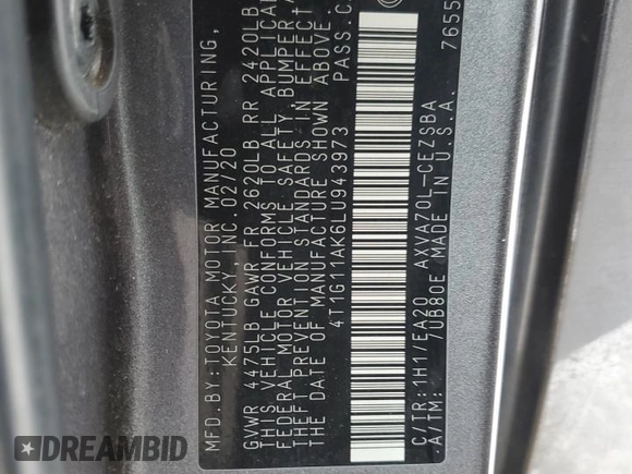 2020 Toyota Camry SE z VIN 4T1G11AK6LU943973, wystawiony jako Copart lot #88141975 z przebiegiem 77 589 mil mil oraz Szkoda całkowita • Salvage title. Historia ofert i sprzedaży dostępna na DreamBid. Obrazek 14.