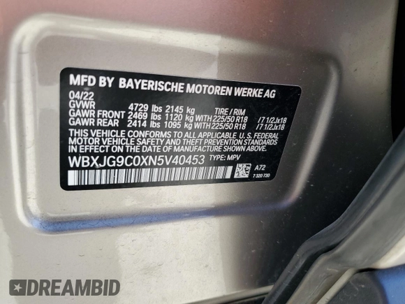 2022 BMW X1 xDrive28i z VIN WBXJG9C0XN5V40453, wystawiony jako Copart lot #56698705 z przebiegiem 31 091 mil mil oraz Szkoda całkowita • Salvage title. Historia ofert i sprzedaży dostępna na DreamBid. Obrazek 14.