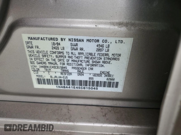 2005 Nissan Maxima 3.5 SE with VIN 1N4BA41E45C815045, listed as a Copart auction lot 48057835 with 168,463 mi miles and Salvage Title. Bid and sale history available at carsss.com. Image 14.