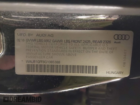 2016 Audi S3 Premium Plus with VIN WAUB1GFF8G1085388, listed as a IAAI auction lot 41295697 with 59,021 mi miles. Bid and sale history available at carsss.com. Image 9.