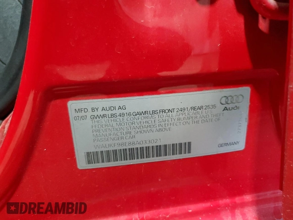 2008 Audi A4 с VIN WAUKF98E88A033021, выставлен на аукционе Copart как лот 47732935 с пробегом 183 491 миль миль и Списание • Salvage title. История ставок и продаж доступна на DreamBid. Изображение 12.