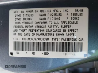 2007 Honda Accord LX SE with VIN 1HGCM56397A006398, listed as a IAAI auction lot 42648904 with 79,506 mi miles and . Bid and sale history available at DreamBid. Image 9.