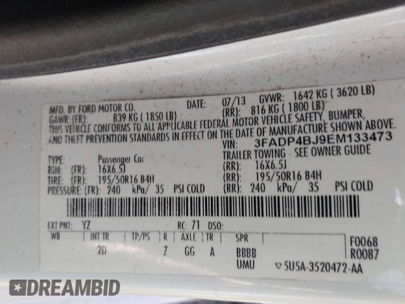2014 Ford Fiesta SE with VIN 3FADP4BJ9EM133473, listed as a IAAI auction lot 42118460 with 107,705 mi miles and . Bid and sale history available at DreamBid. Image 9.