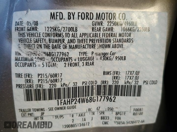 2008 Ford Taurus SEL with VIN 1FAHP24W68G177962, listed as a Copart auction lot 84859884 with 36,936 mi miles and Non Repairable. Bid and sale history available at carsss.com. Image 12.