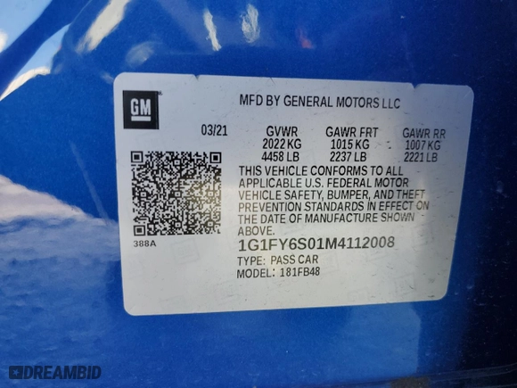 2021 Chevrolet Bolt EV LT with VIN 1G1FY6S01M4112008, listed as a Copart auction lot 46938165 with 58,655 mi miles and Salvage Title. Bid and sale history available at carsss.com. Image 12.