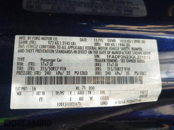 2016 Ford Focus Titanium with VIN 1FADP3N23GL231613, listed as a IAAI auction lot 42645683 with 76,072 mi miles and . Bid and sale history available at DreamBid. Image 9.