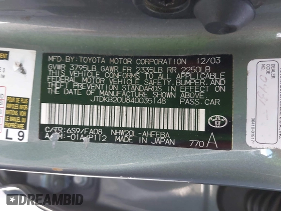 2004 Toyota Prius with VIN JTDKB20U840035148, listed as a IAAI auction lot 42086608 with 87,207 mi miles and . Bid and sale history available at DreamBid. Image 9.