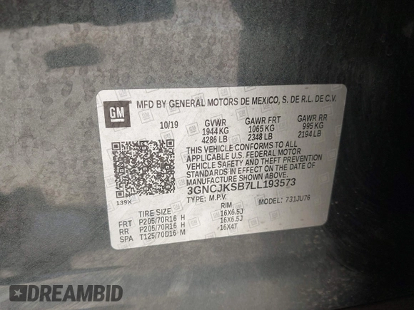2020 Chevrolet Trax LS with VIN 3GNCJKSB7LL193573, listed as a IAAI auction lot 42560366 with 67,311 mi miles and . Bid and sale history available at DreamBid. Image 9.