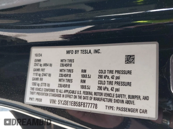 2025 Tesla Model 3 Long Range with VIN 5YJ3E1EB5SF877778, listed as a IAAI auction lot 41639595 with 8,295 mi miles and . Bid and sale history available at DreamBid. Image 9.