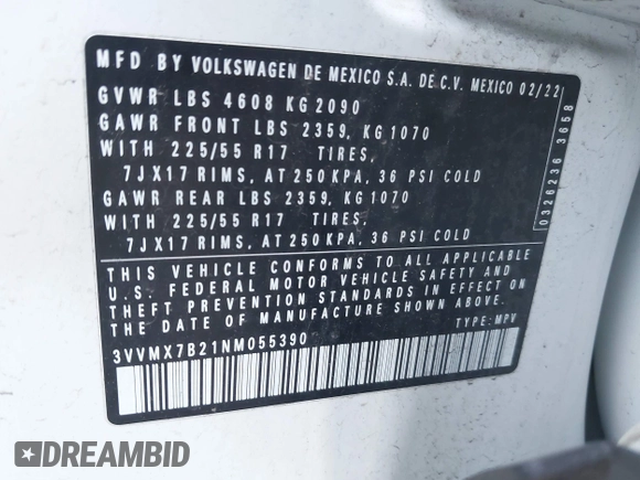 2022 Volkswagen Taos S с VIN 3VVMX7B21NM055390, выставлен на аукционе IAAI как лот 42392357 с пробегом 64 677 миль миль и . История ставок и продаж доступна на DreamBid. Изображение 9.
