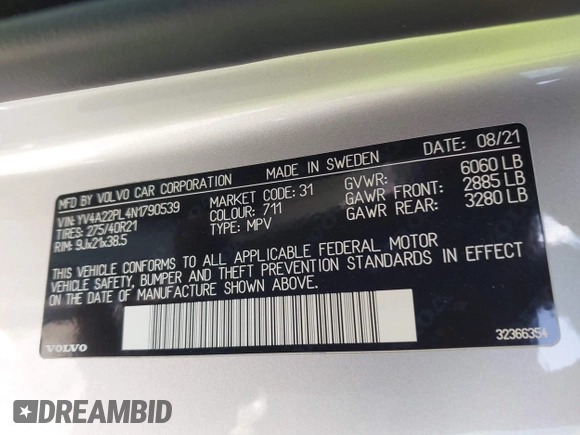 2022 Volvo XC90 Inscription with VIN YV4A22PL4N1790539, listed as a IAAI auction lot 41887330 with 64,462 mi miles and . Bid and sale history available at DreamBid. Image 9.