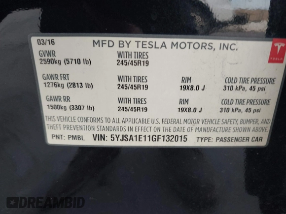 2016 Tesla Model S 70 with VIN 5YJSA1E11GF132015, listed as a IAAI auction lot 41408676 with 137,271 mi miles and . Bid and sale history available at DreamBid. Image 9.