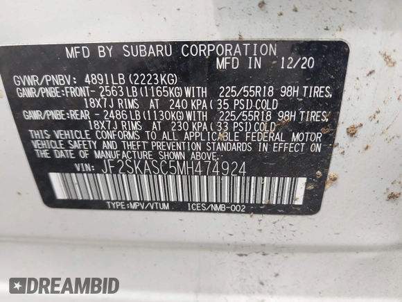 2021 Subaru Forester Limited with VIN JF2SKASC5MH474924, listed as a IAAI auction lot 42502113 with 43,379 mi miles and . Bid and sale history available at DreamBid. Image 9.